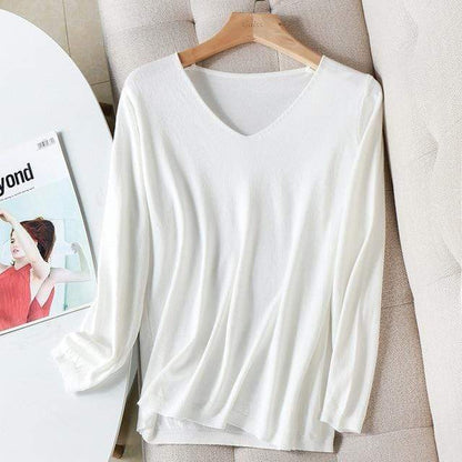 Buddhatrends sweater One Size / White Basic Long Sleeve V-Neck Shirt