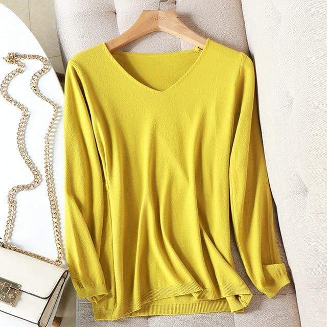 Buddhatrends sweater One Size / Yellow Basic Long Sleeve V-Neck Shirt