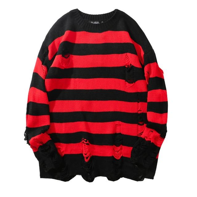 Buddhatrends Sweaters Black Red Striped Knit Sweaters