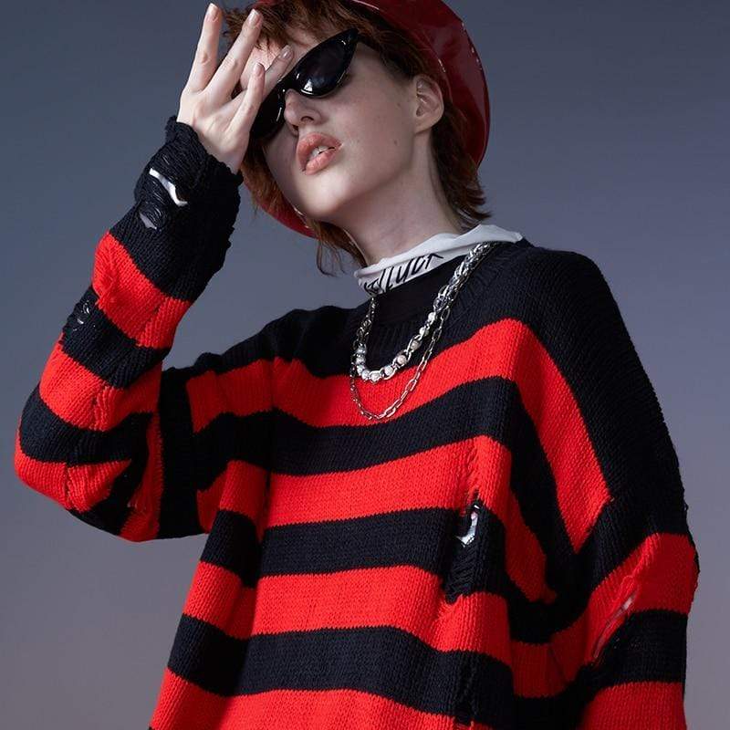 Buddhatrends Sweaters Black Red Striped Knit Sweaters