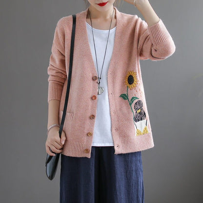 Buddhatrends Sweaters Pink / One Size Cartoon Button up Cardigan