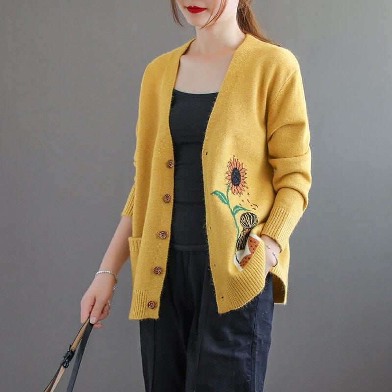 Buddhatrends Sweaters Yellow / One Size Cartoon Button up Cardigan