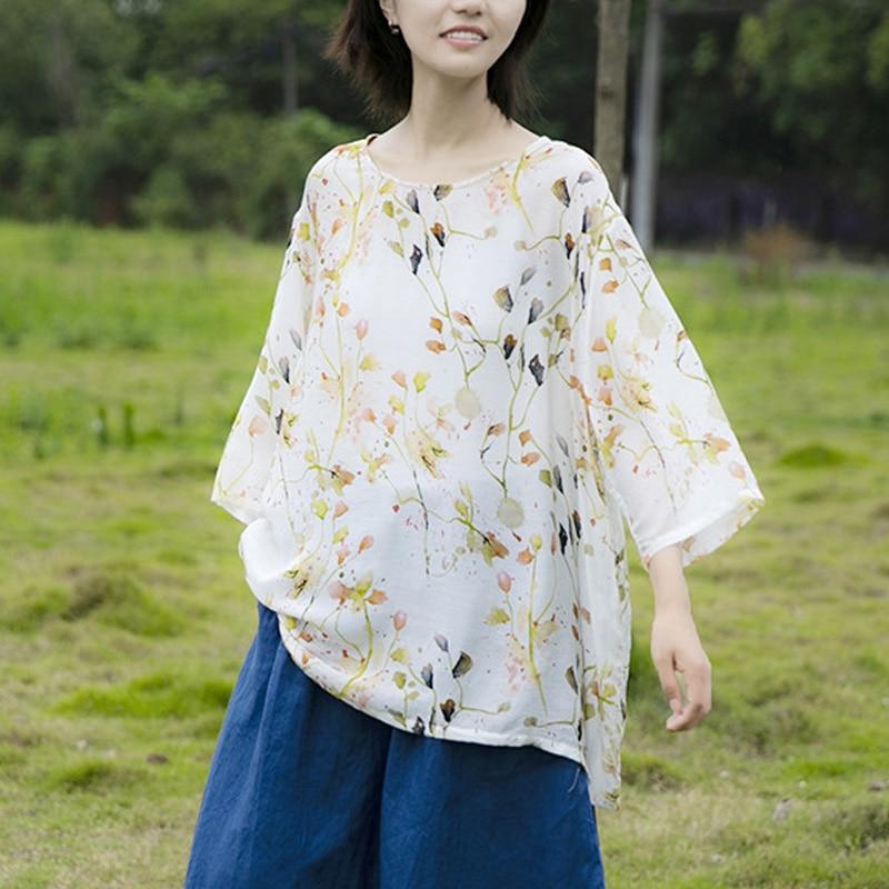 Buddhatrends Tops Ariel Vintage Εκτύπωση Floral μεταξωτά μπλουζάκια