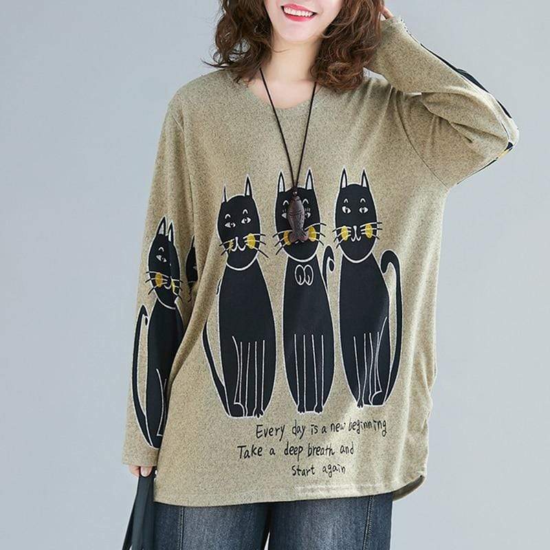 Buddhatrends Tops Khaki / One Size Cat Lovers Long Sleeve Shirt