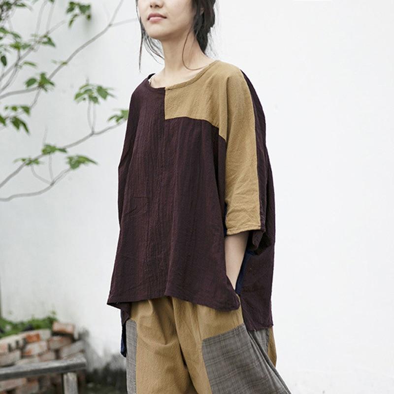 Camiseta holgada de lino y algodón patchwork | Loto