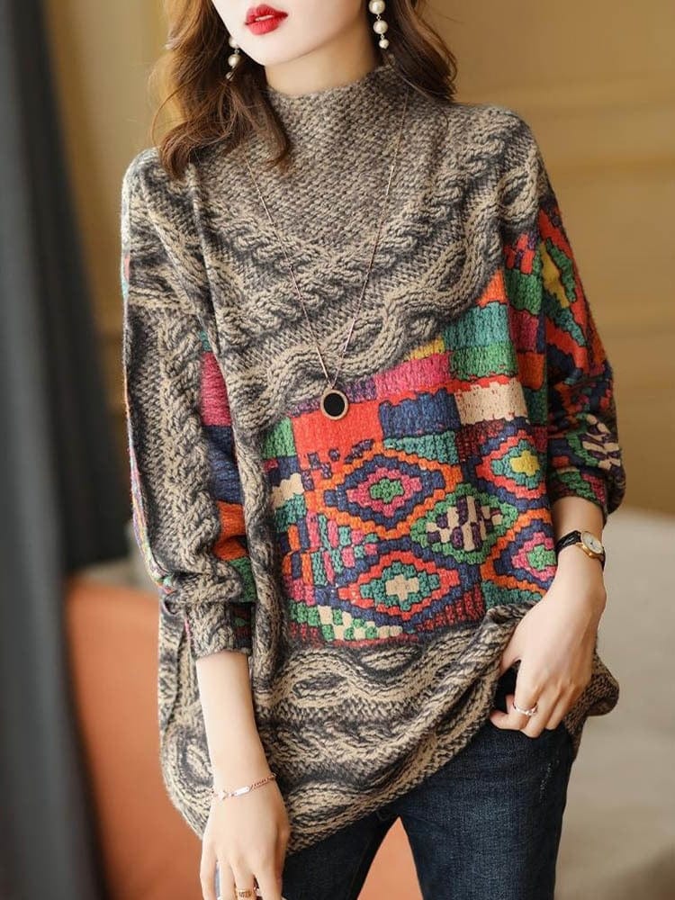 Buddhatrends Turtleneck Printed Knitted Sweater