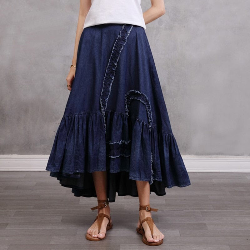 Buddhatrends Vintage Denim Irregular Elastic Waist Skirt