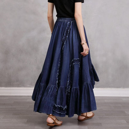Buddhatrends Vintage Denim Irregular Elastic Waist Skirt
