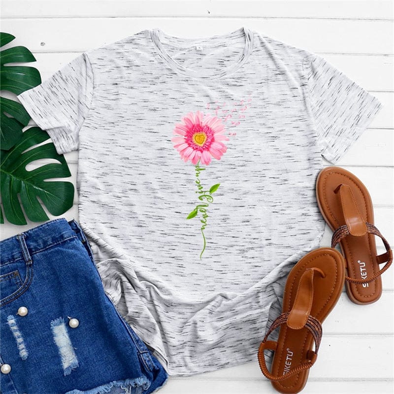 Buddhatrends White Grey / S Graphic Flower Top O Neck Tee