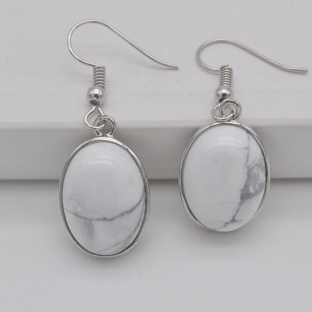 Buddhatrends White Howlite Natural Stone Oval Earrings