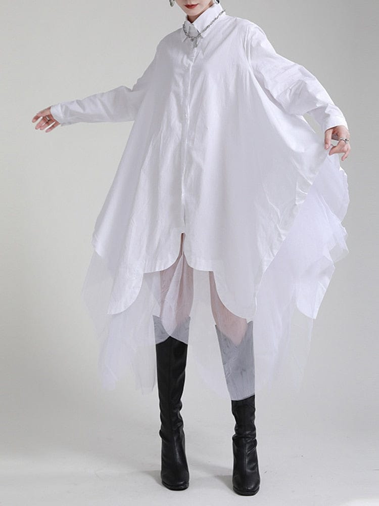 Buddhatrends White / One Size Black Irregular Hem Shirt Dress