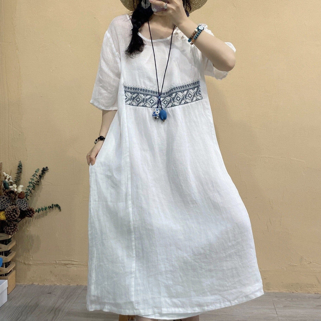 Buddhatrends Weiß / One Size Retro Ramie Patchwork Kleid