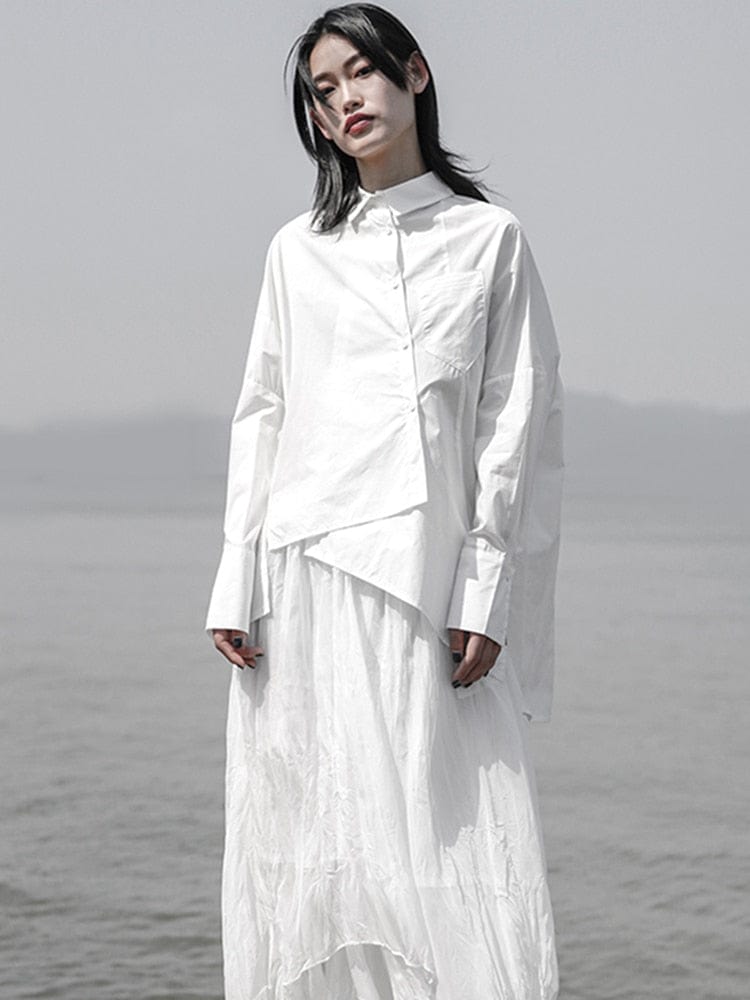 Buddhatrends أبيض / قميص فضفاض غير منتظم كبير الحجم