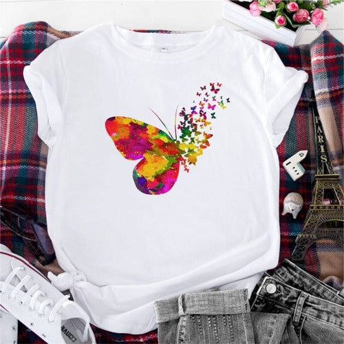 Buddhatrends Weiß / S Schmetterlings-O-Ausschnitt-bedrucktes T-Shirt
