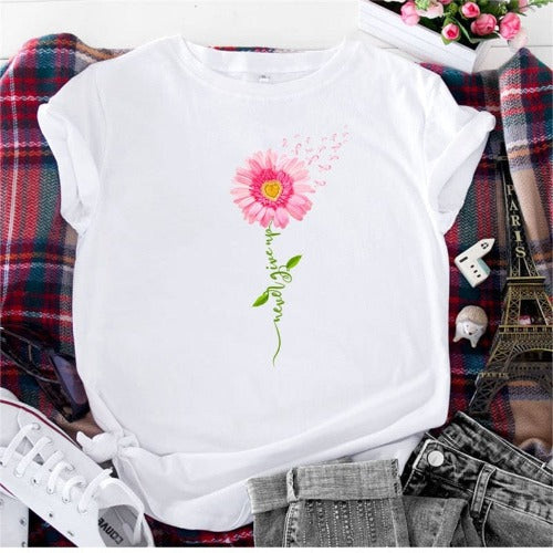 Buddhatrends White / S Graphic Flower Top O Neck Tee
