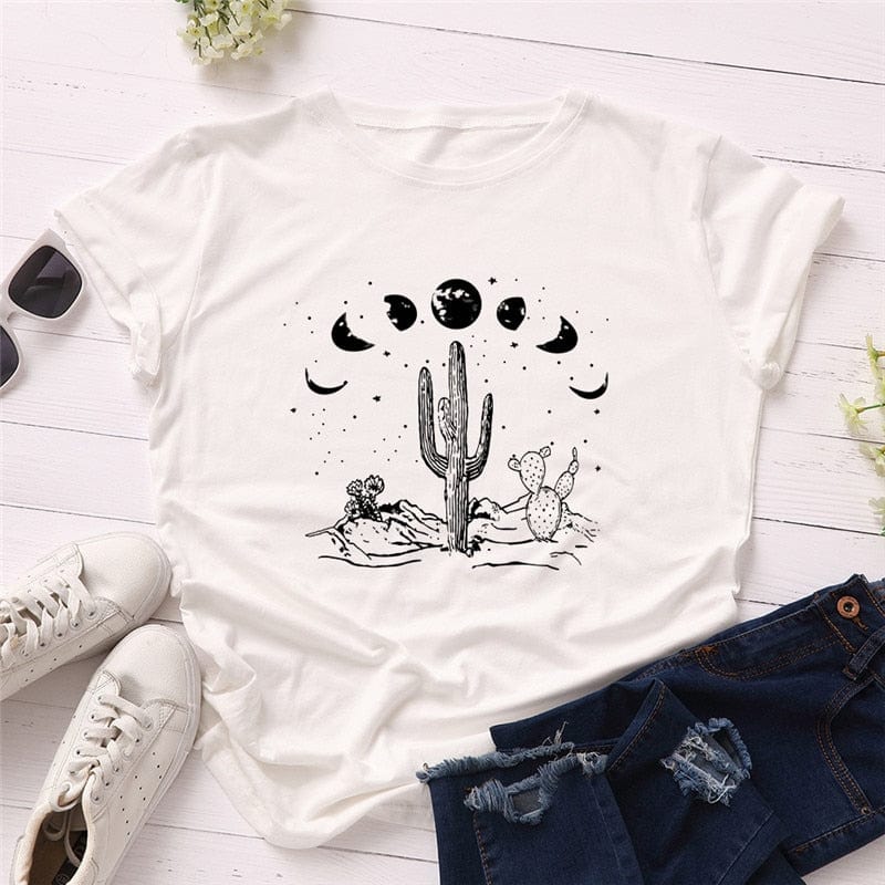 Buddhatrends White / S Moon Cactus Loose Cotton T-Shirt
