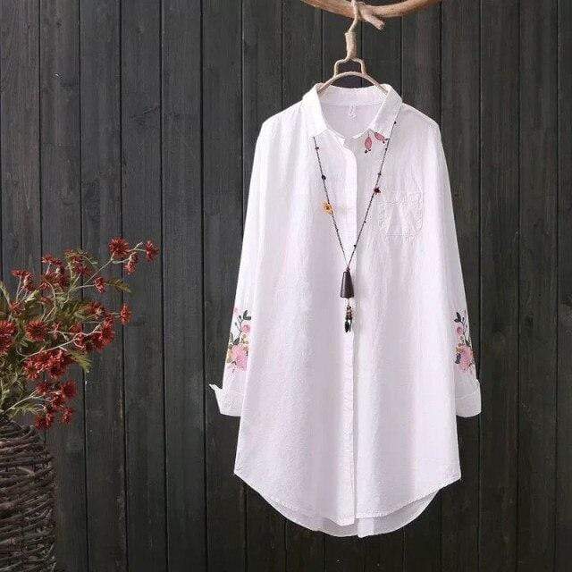 Buddhatrends hvit / XL Bella Blomsterbrodert hvit skjorte