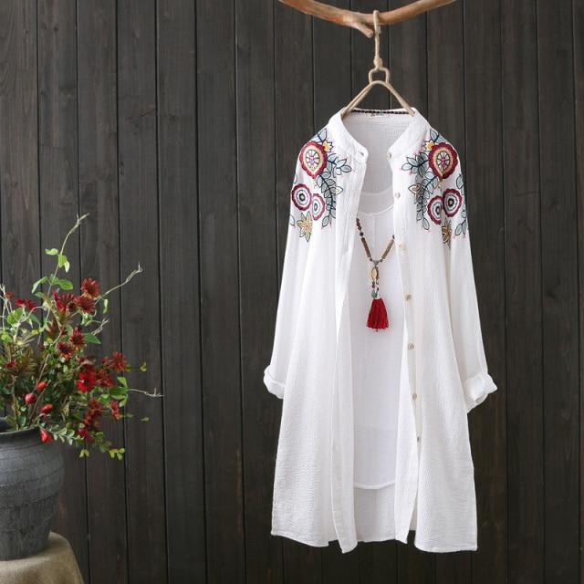Buddhatrends White / XL Bohemia Floral Embroidered Shirt