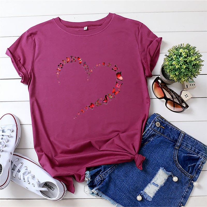 Buddhatrends Wine Red / S Butterfly Heart Printed T-Shirt