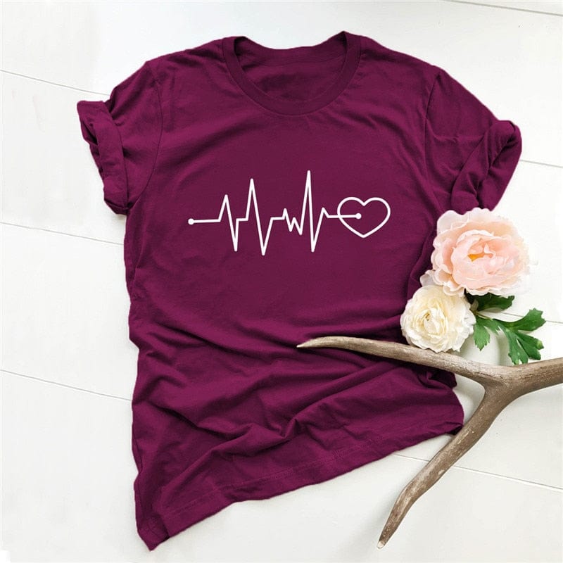 Buddhatrends Wine Red / S Heart Puls Short Sleeve Tees