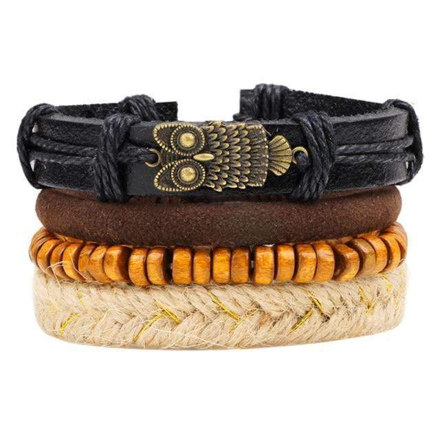 Buddhatrends Wise Owl 4 Pieces Set Leather Bracelet