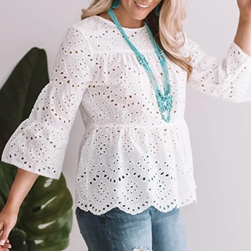 Buddhatrends Yellow Lace 3/4 Flare Sleeve Blus