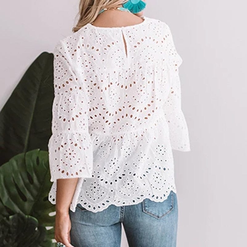 Buddhatrends Yellow Lace 3/4 Flare Sleeve Blus
