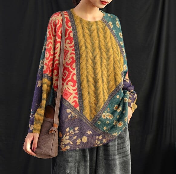 Buddhatrends Yellow / One Size Knitting Retro Geometric Print Top