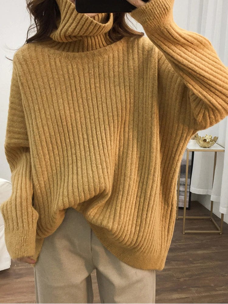 Buddhatrends Yellow / One Size Oversized Turtleneck Knitted Sweater