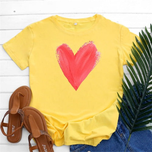 Buddhatrends Yellow / S Graphic Printed Heart  O Neck Tee