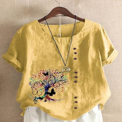 Buddhatrends Yellow / S Jania Tree Printed O-Neck Blouse