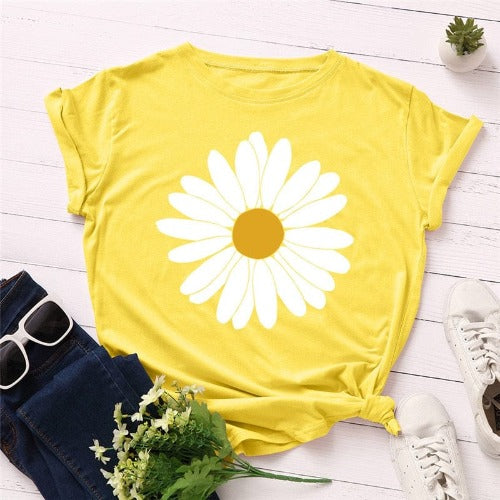 T-shirt in cotone con fiori di margherita vintage gialla / S Buddhatrends